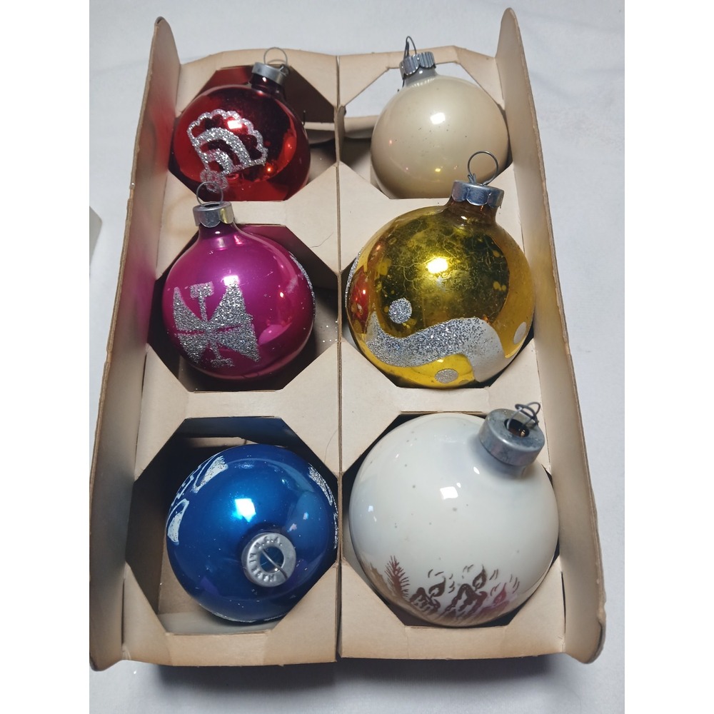 Vintage Holly Brand Glass Christmas Ornaments Boxed Set of 6 Stenciled Mixed Lot